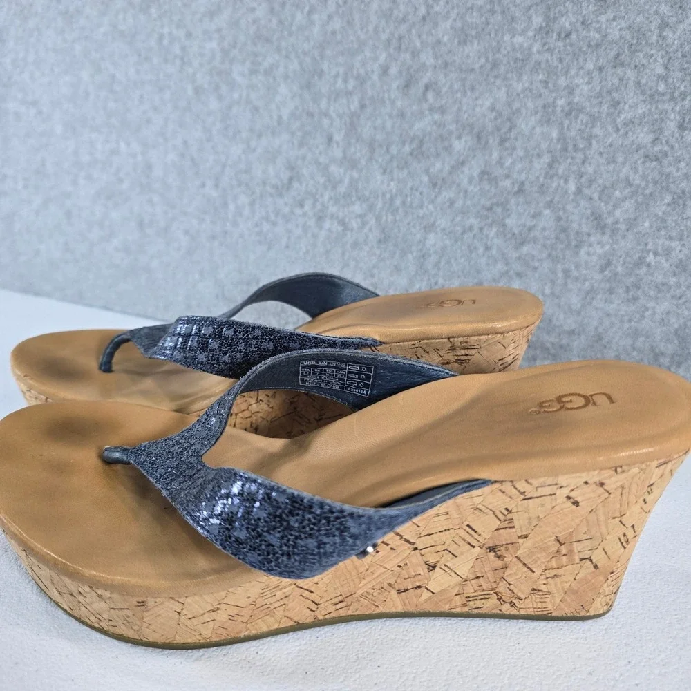 UGG Australia Lucianna Mar Blue Metallic Leather Cork Wedge Sandals 1011000 8.5